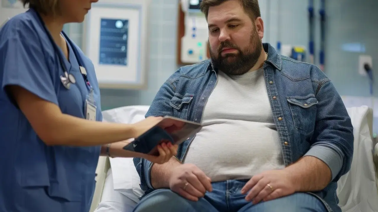 Pacjent rozważa operację bariatryczną. Pielęgniarka pokazuje mu informacje na tablecie.