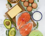 Składniki na dietę keto: łosoś, awokado, jajka, ser, masło, mleko, pistacje i kalarepa.