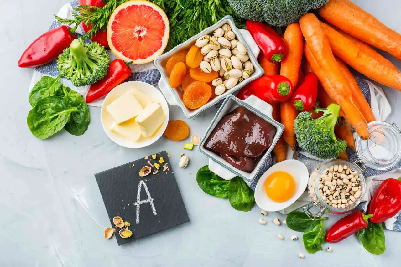 Wykaz produktów bogatych w witaminę A: marchew, szpinak, papryka, jajko, wątróbka, morele, pistacje, masło.
