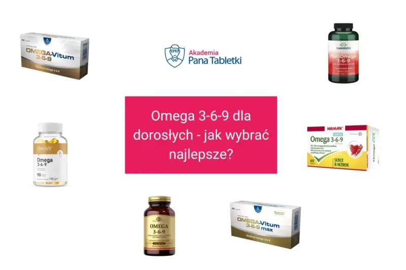Różne suplementy diety z kwasami omega 3, w tym Omega-Vitum, OstroVit, Swanson i Walmark.